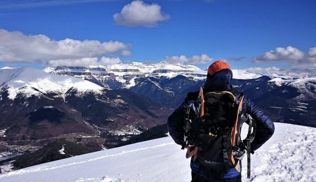 Views top snowy mountain Central Pyrenees